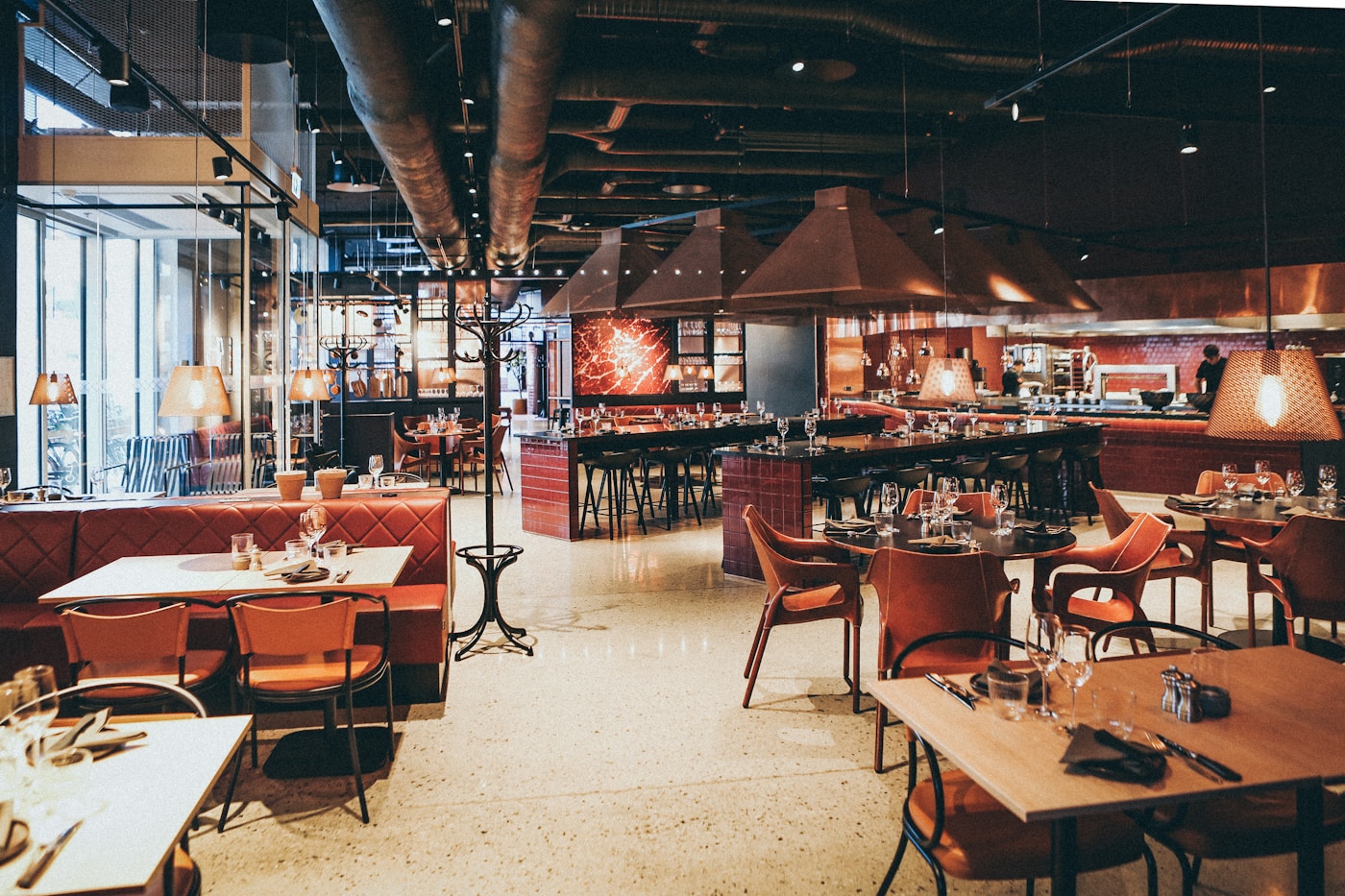 Warm contemporary restaurant prepared for service