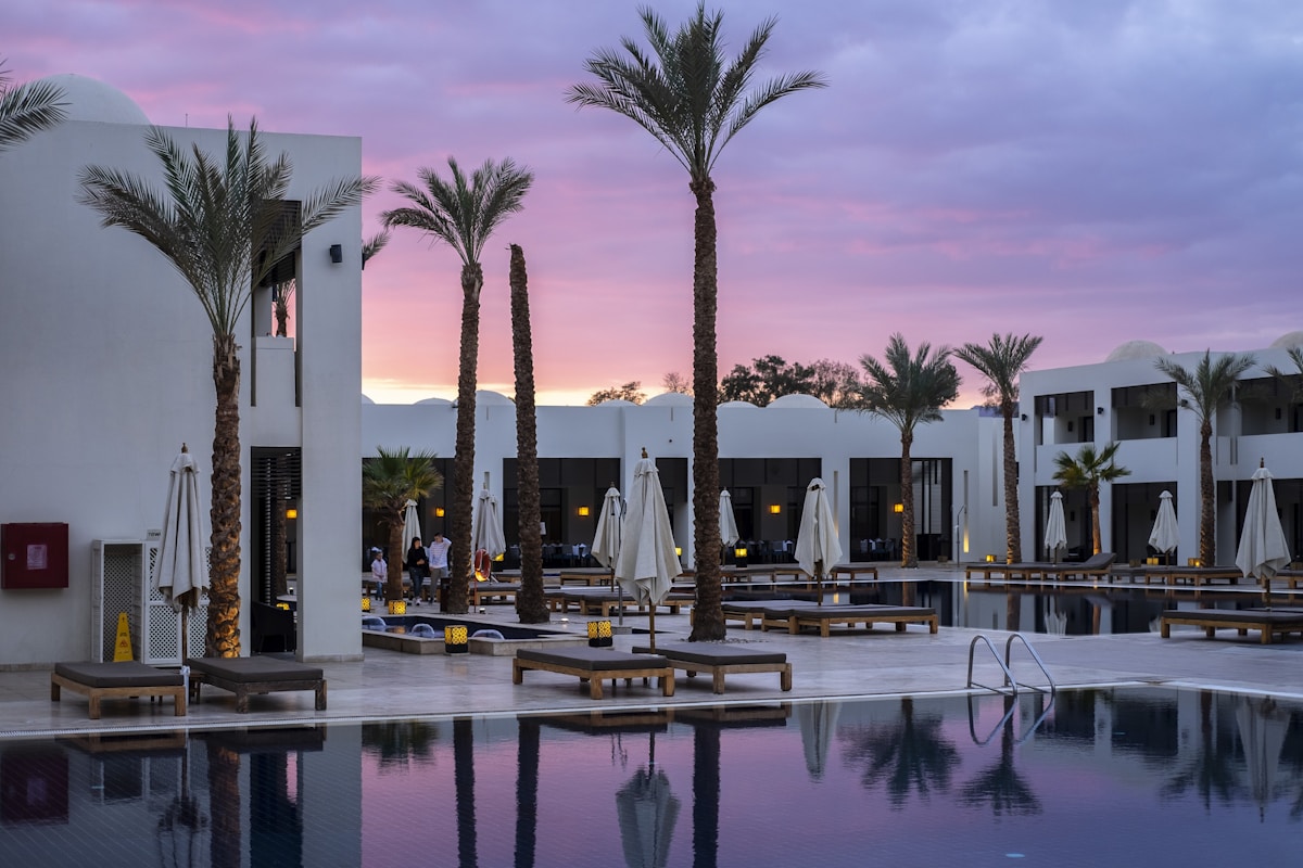 Hotel resort and pool prepared for evening guests