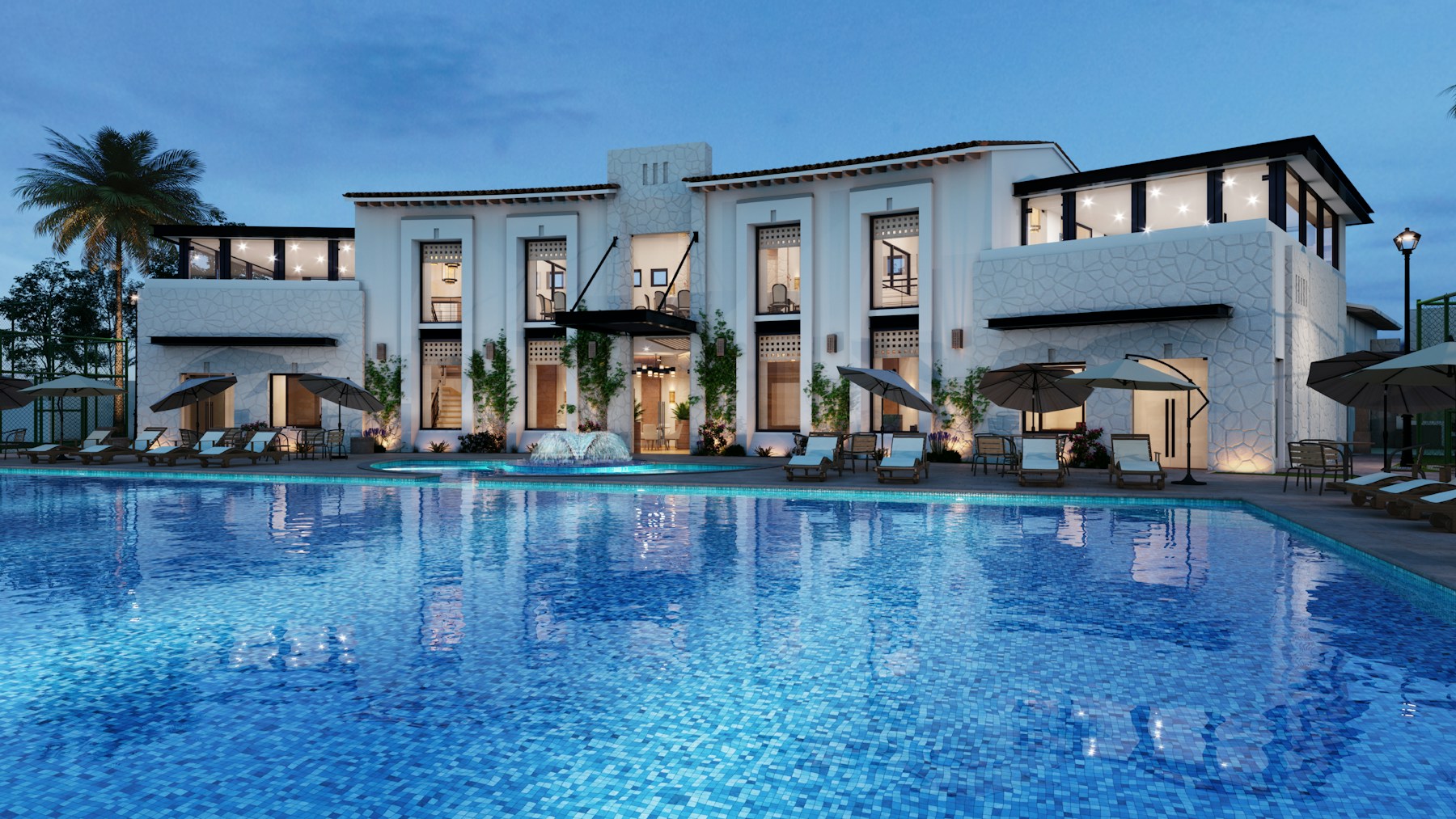 Resort property and pool prepared for evening guests